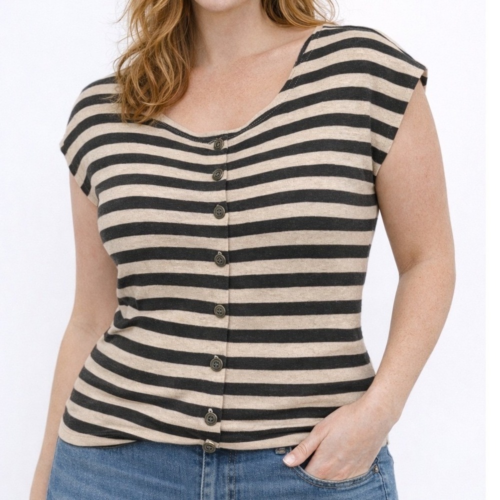 Leo Striped Button Down Top Women Large Tan‎ Black Cap Sleeve Knit Casual Chic